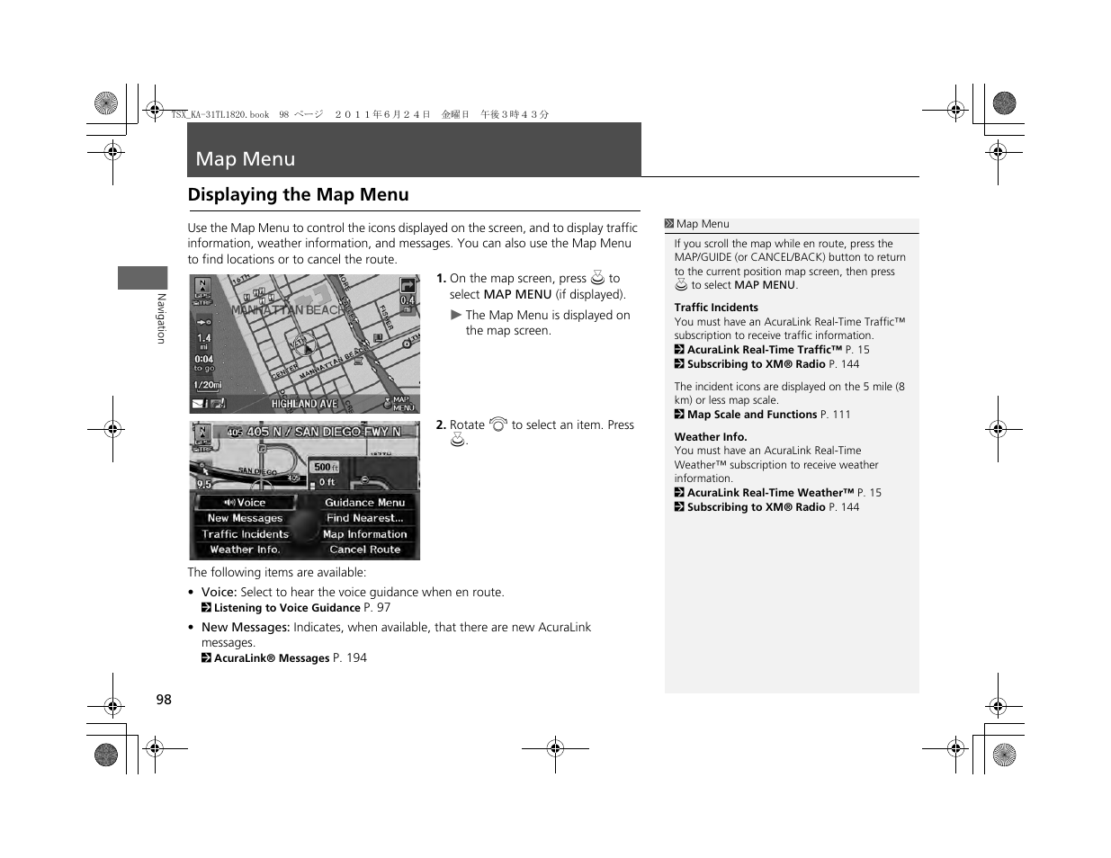 Map menu, Displaying the map menu | Acura 2012 TSX Navigation User Manual | Page 100 / 253