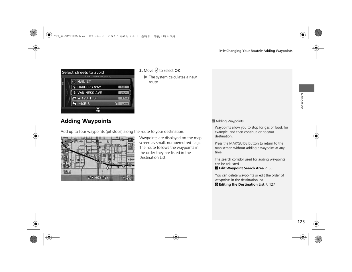 Adding waypoints | Acura 2012 TSX Navigation User Manual | Page 125 / 253