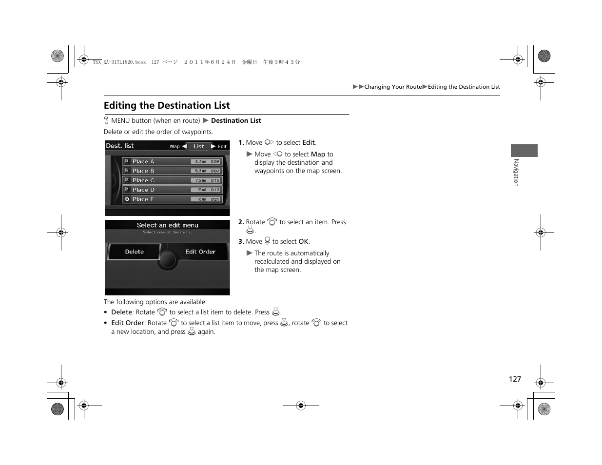 Editing the destination list | Acura 2012 TSX Navigation User Manual | Page 129 / 253