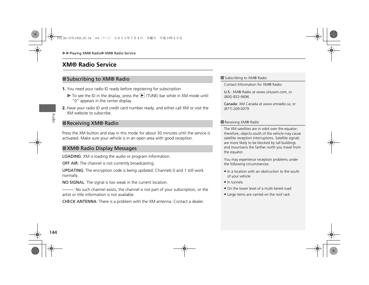Xm® radio service | Acura 2012 TSX Navigation User Manual | Page 146 / 253