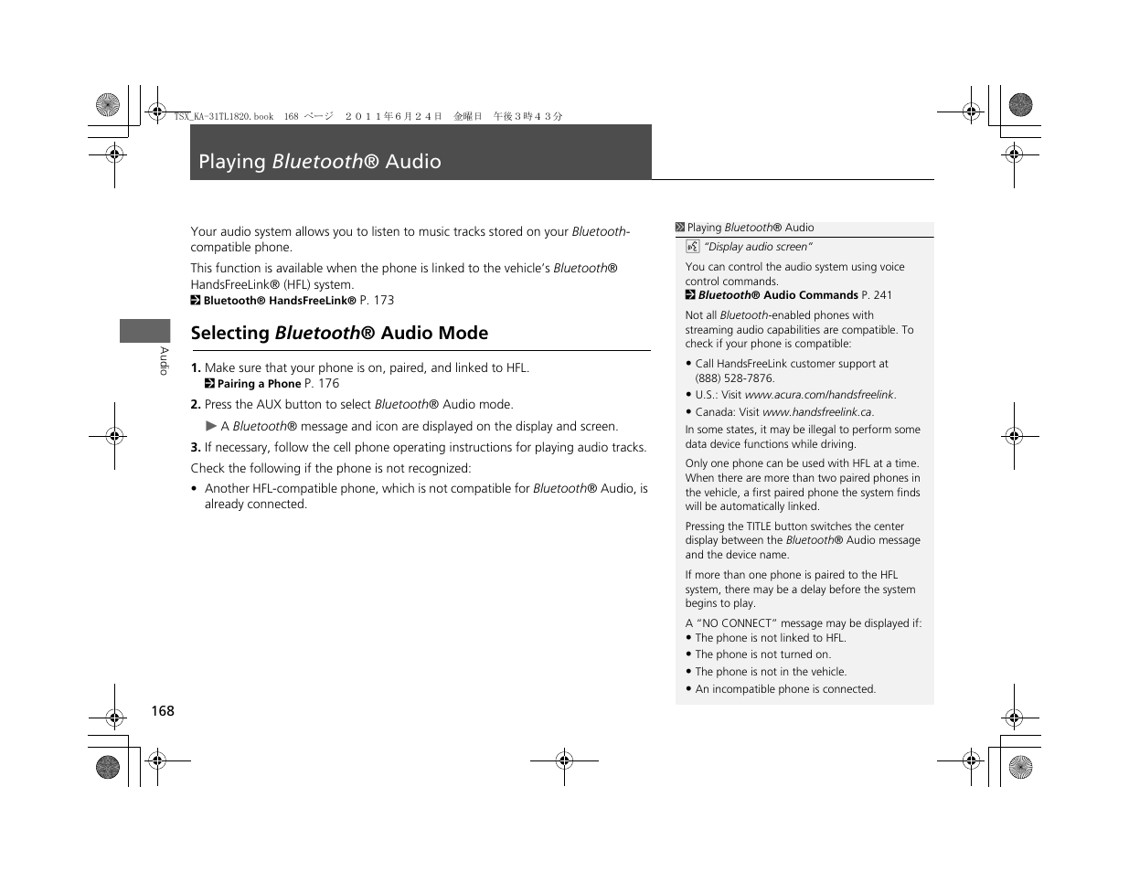 Playing bluetooth ® audio, Selecting bluetooth ® audio mode | Acura 2012 TSX Navigation User Manual | Page 170 / 253
