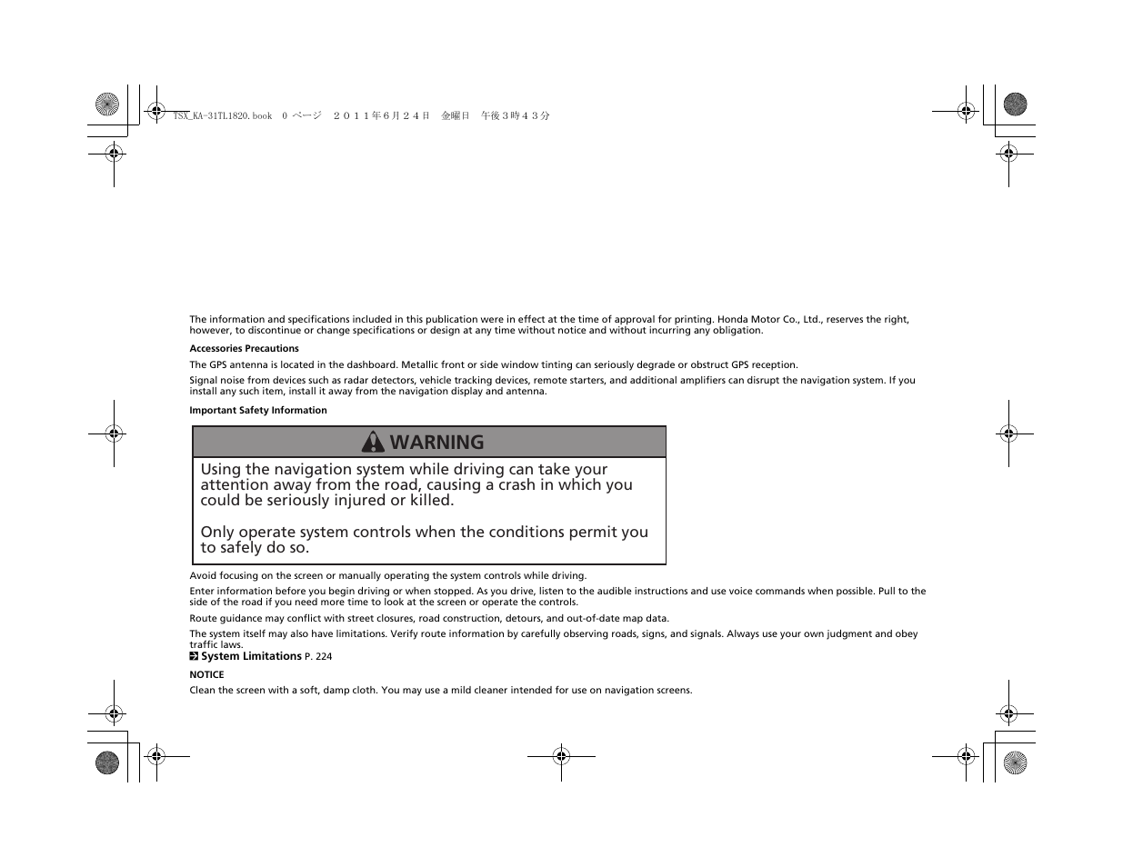 Warning | Acura 2012 TSX Navigation User Manual | Page 2 / 253