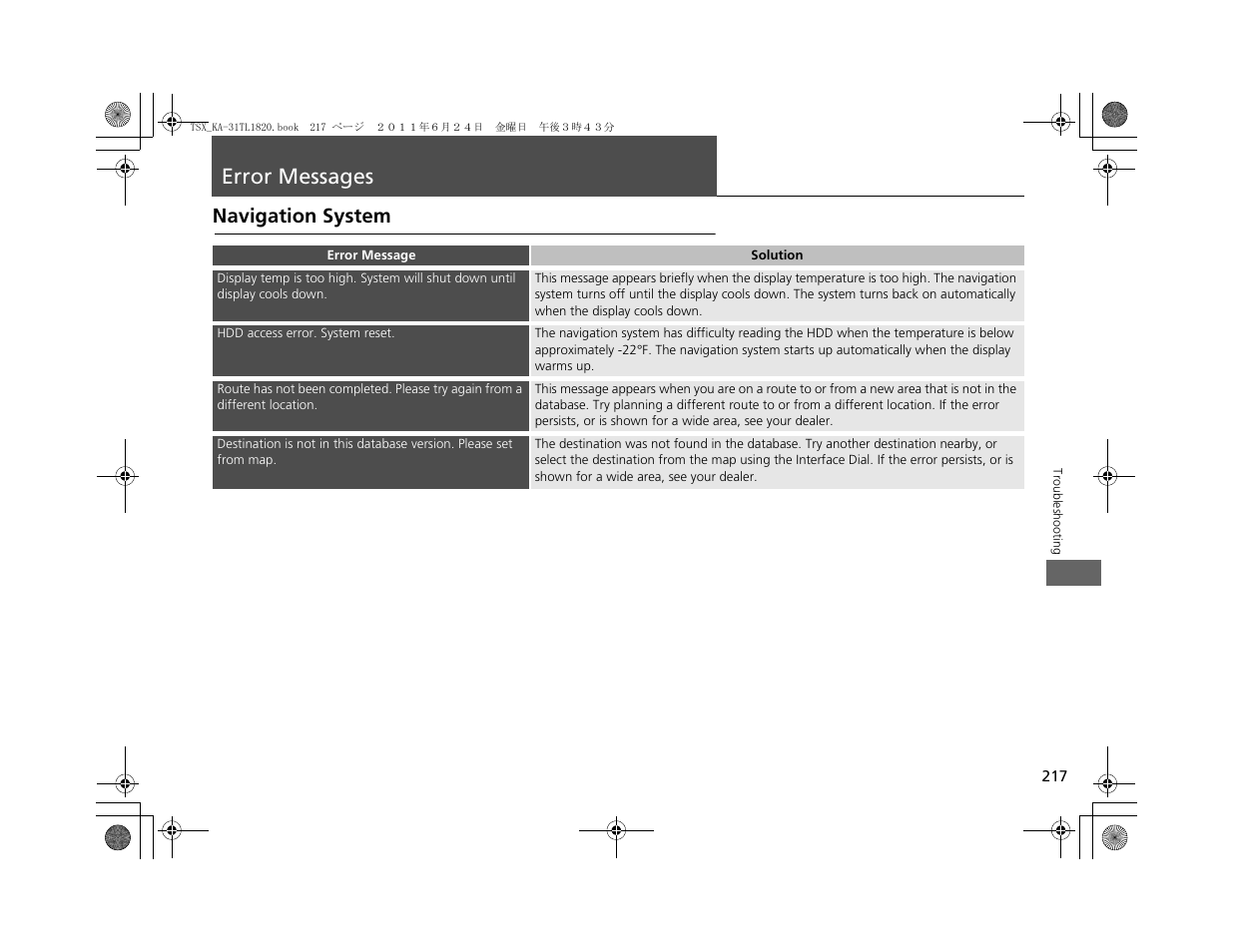 Error messages, Navigation system | Acura 2012 TSX Navigation User Manual | Page 219 / 253