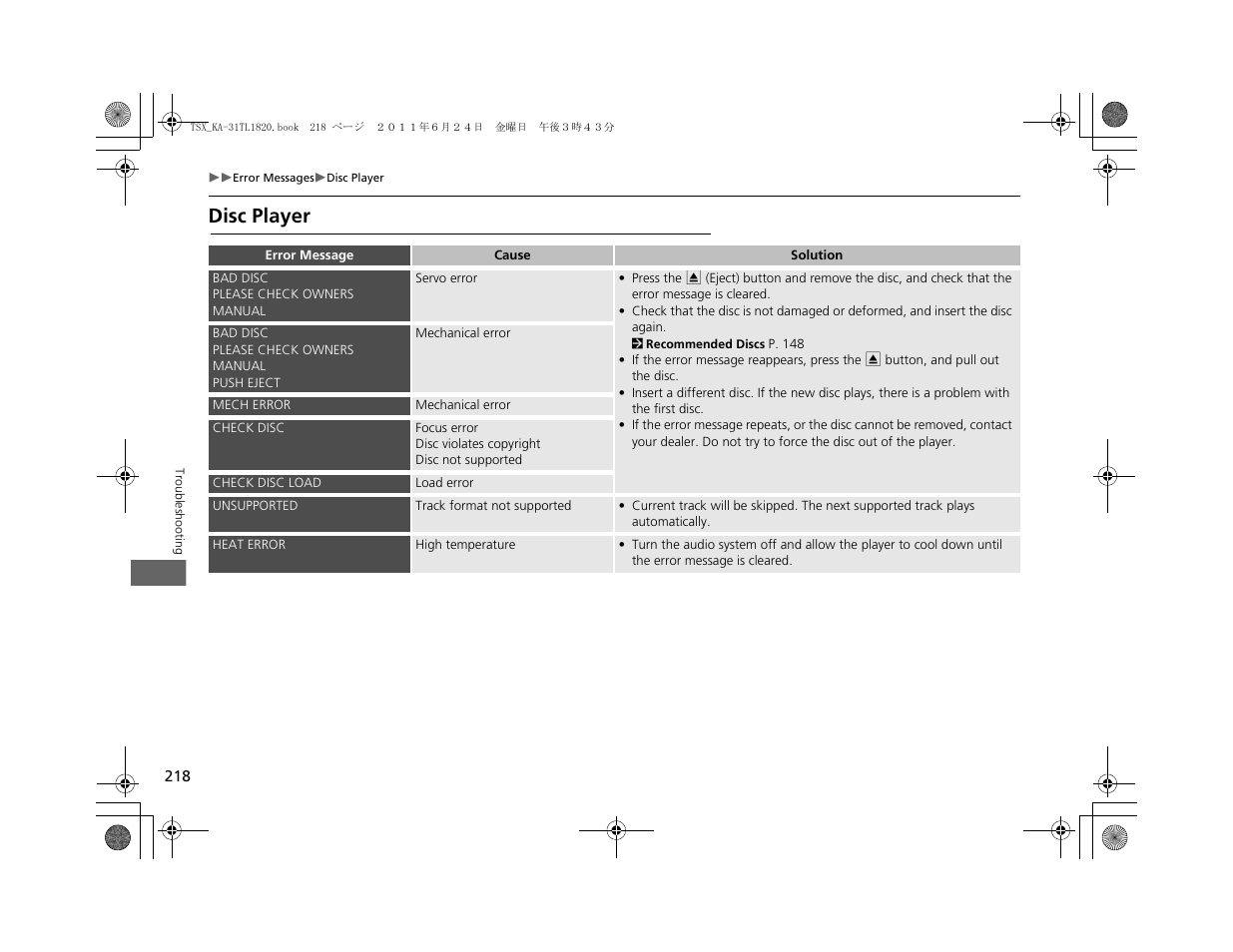 Disc player | Acura 2012 TSX Navigation User Manual | Page 220 / 253
