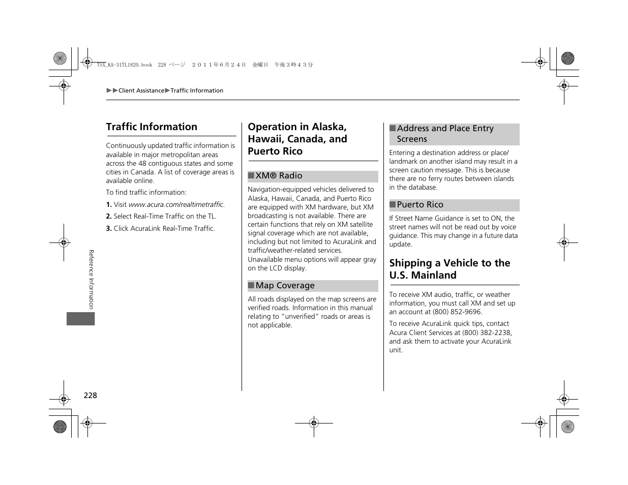 Traffic information, Shipping a vehicle to the u.s. mainland | Acura 2012 TSX Navigation User Manual | Page 230 / 253