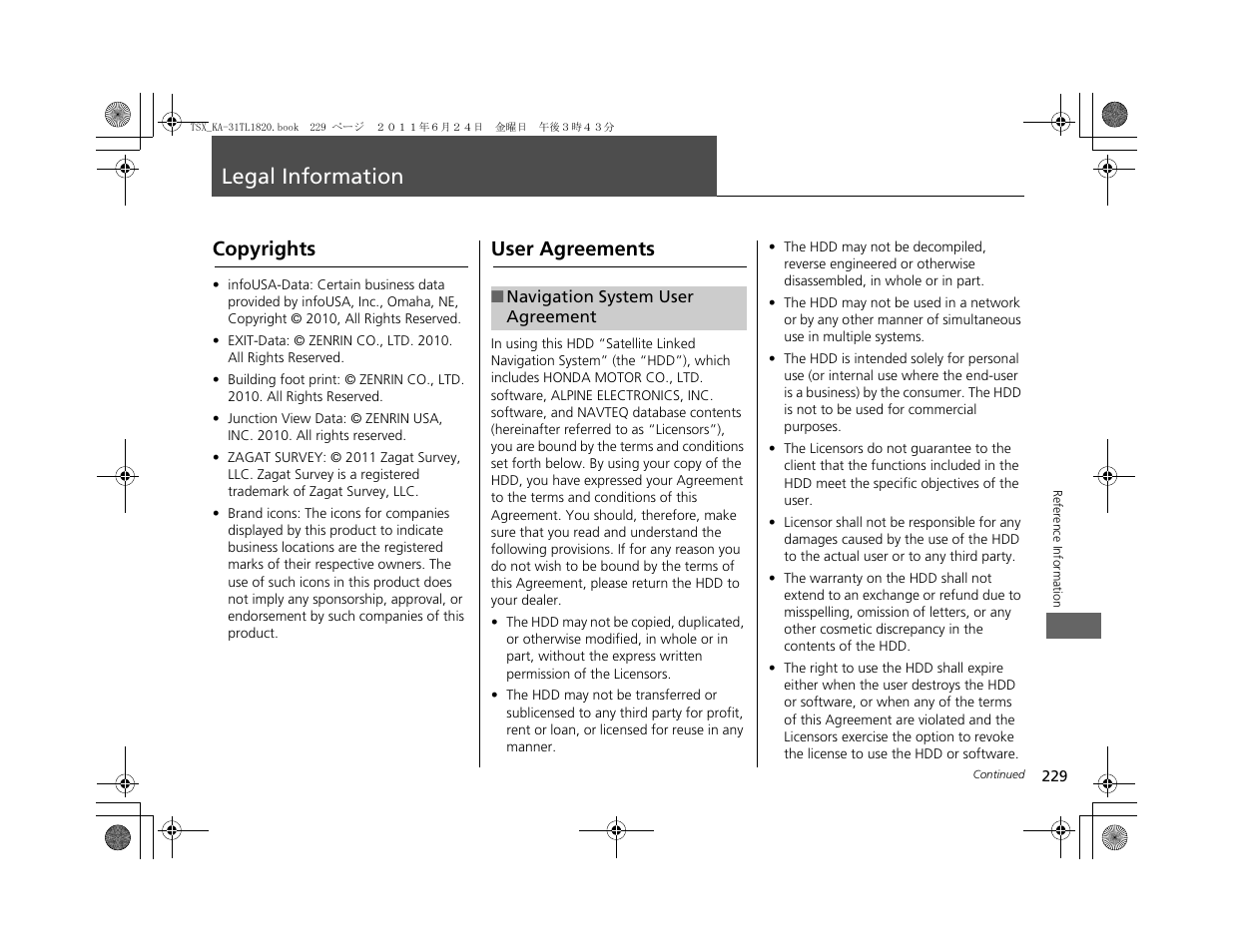 Legal information, Copyrights, User agreements | Acura 2012 TSX Navigation User Manual | Page 231 / 253