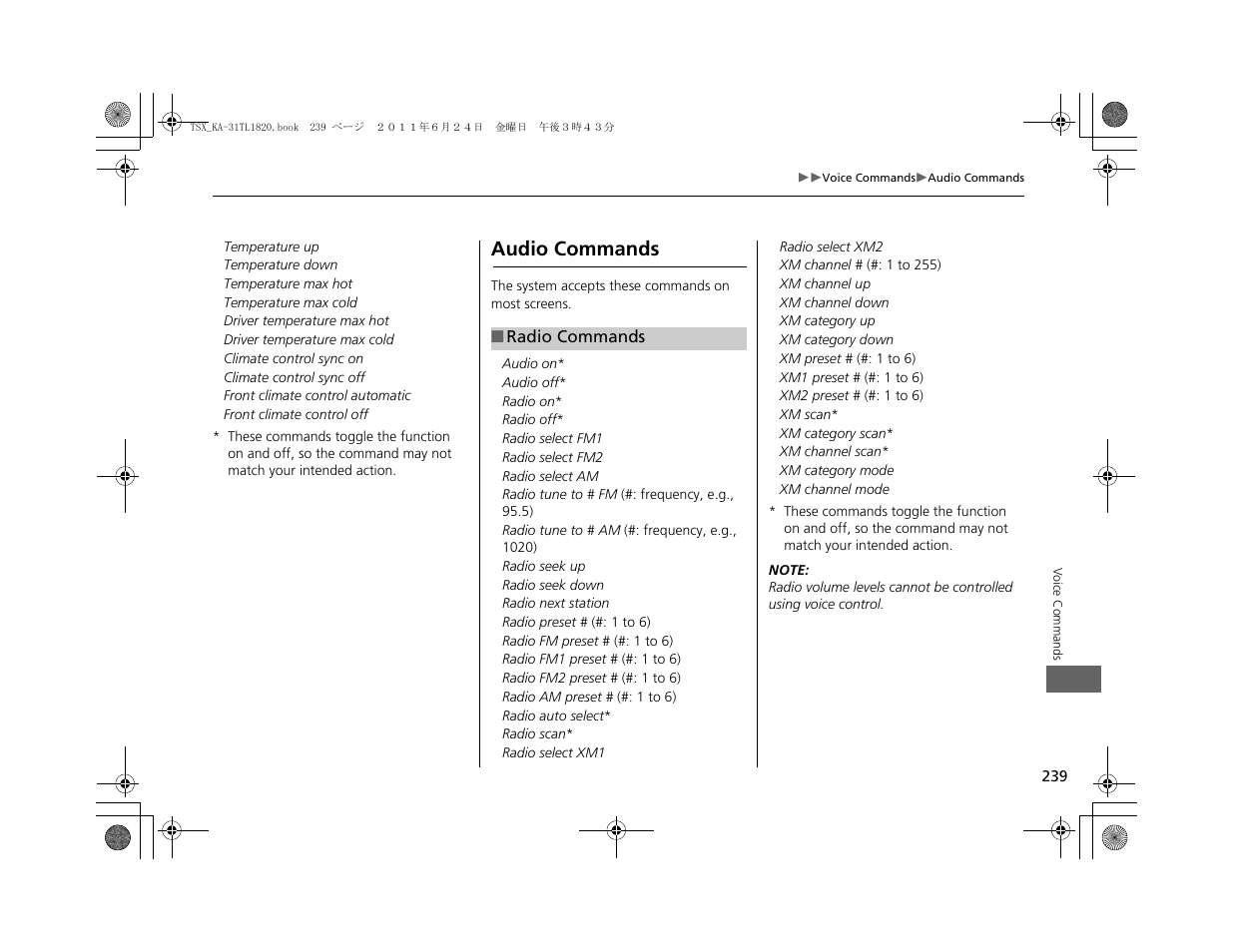 Audio commands | Acura 2012 TSX Navigation User Manual | Page 241 / 253