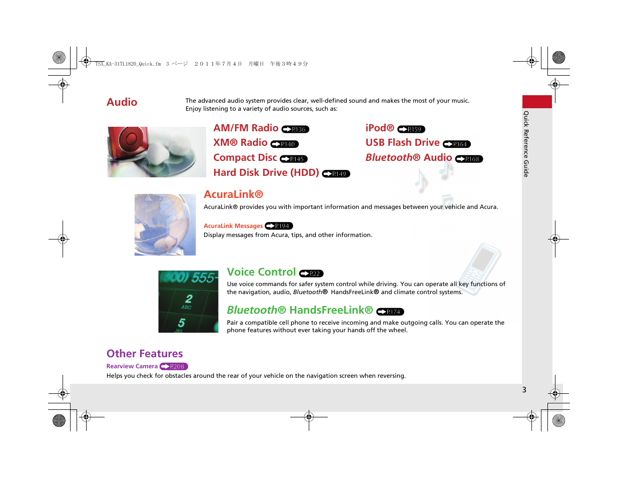 Other features, Audio, Acuralink | Voice control, Bluetooth ® handsfreelink | Acura 2012 TSX Navigation User Manual | Page 5 / 253