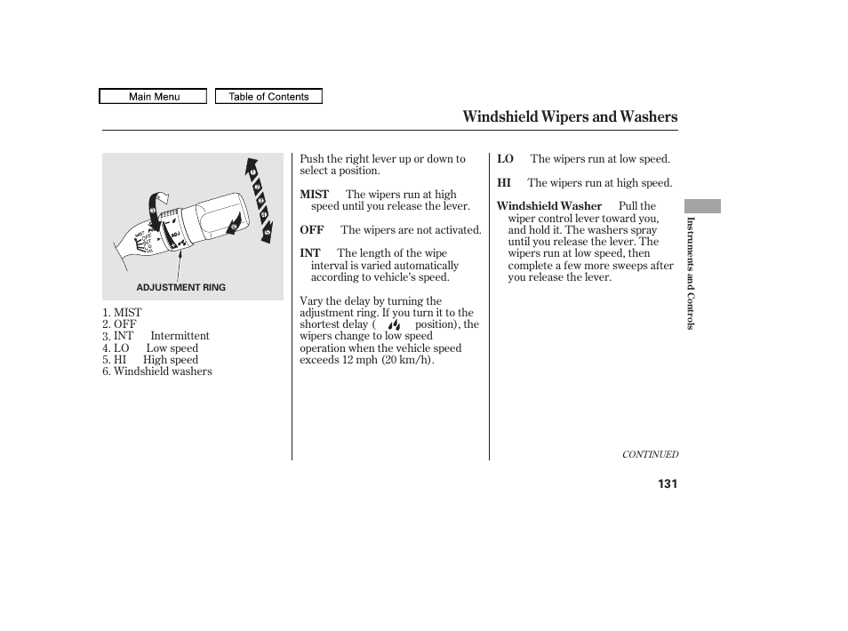 Windshield wipers and washers | Acura 2010 TL User Manual | Page 134 / 612