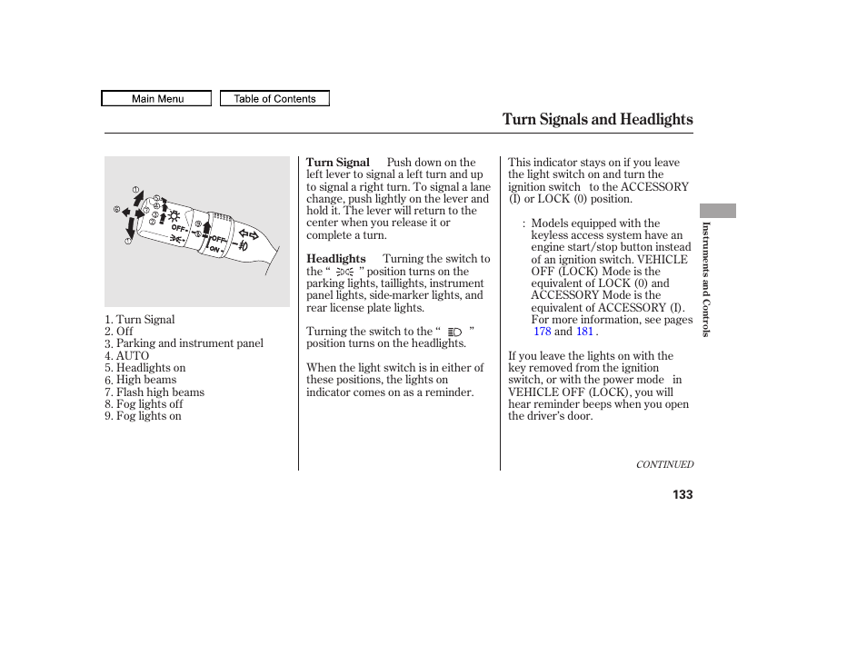 Turn signals and headlights | Acura 2010 TL User Manual | Page 136 / 612