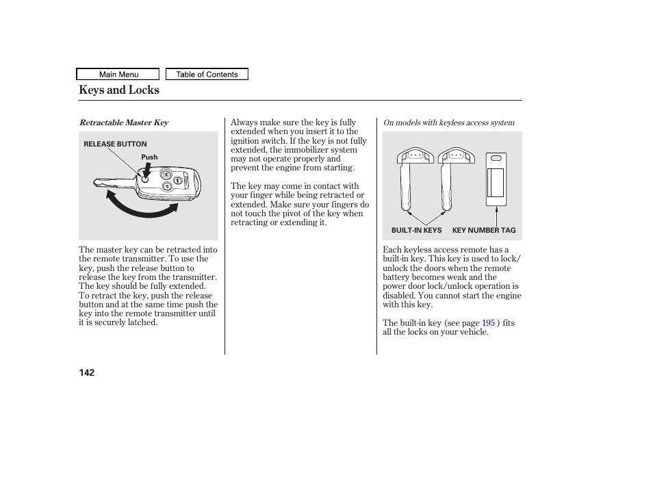 Keys and locks | Acura 2010 TL User Manual | Page 145 / 612