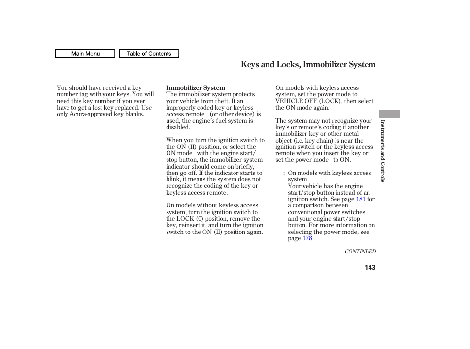 Keys and locks, immobilizer system, 2010 tl | Acura 2010 TL User Manual | Page 146 / 612