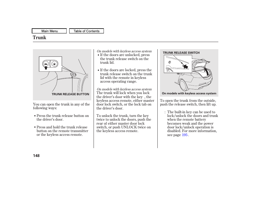 Trunk | Acura 2010 TL User Manual | Page 151 / 612