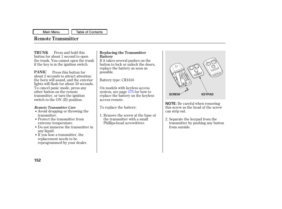 Remote transmitter | Acura 2010 TL User Manual | Page 155 / 612
