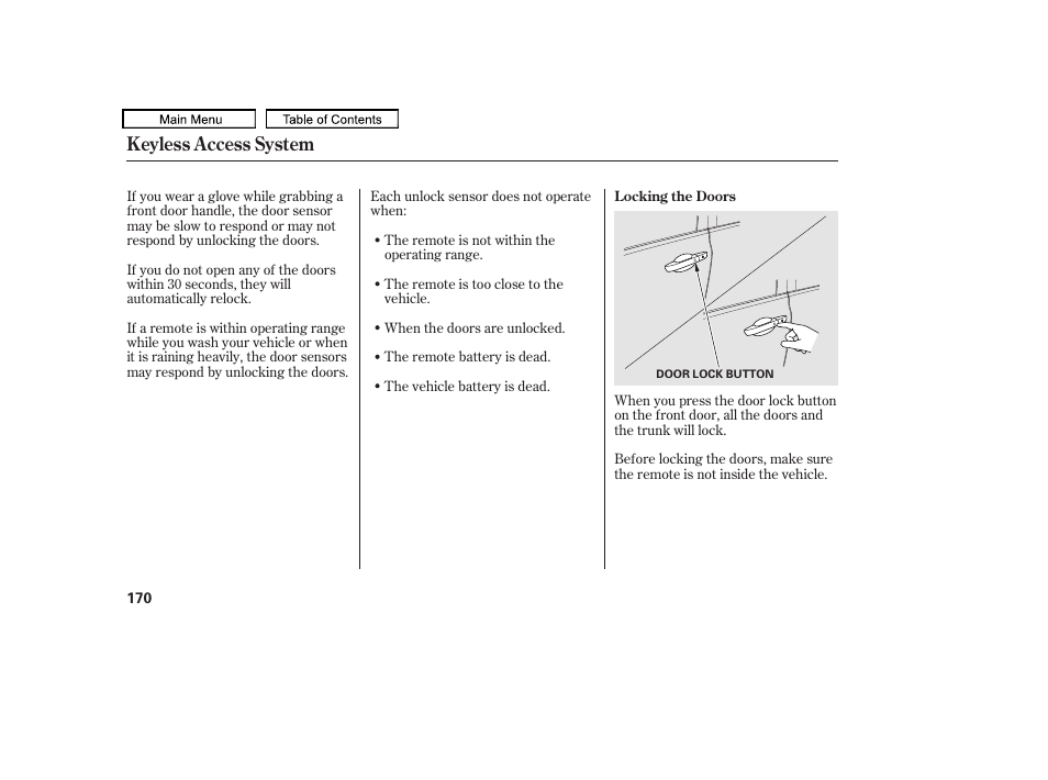 Keyless access system | Acura 2010 TL User Manual | Page 173 / 612
