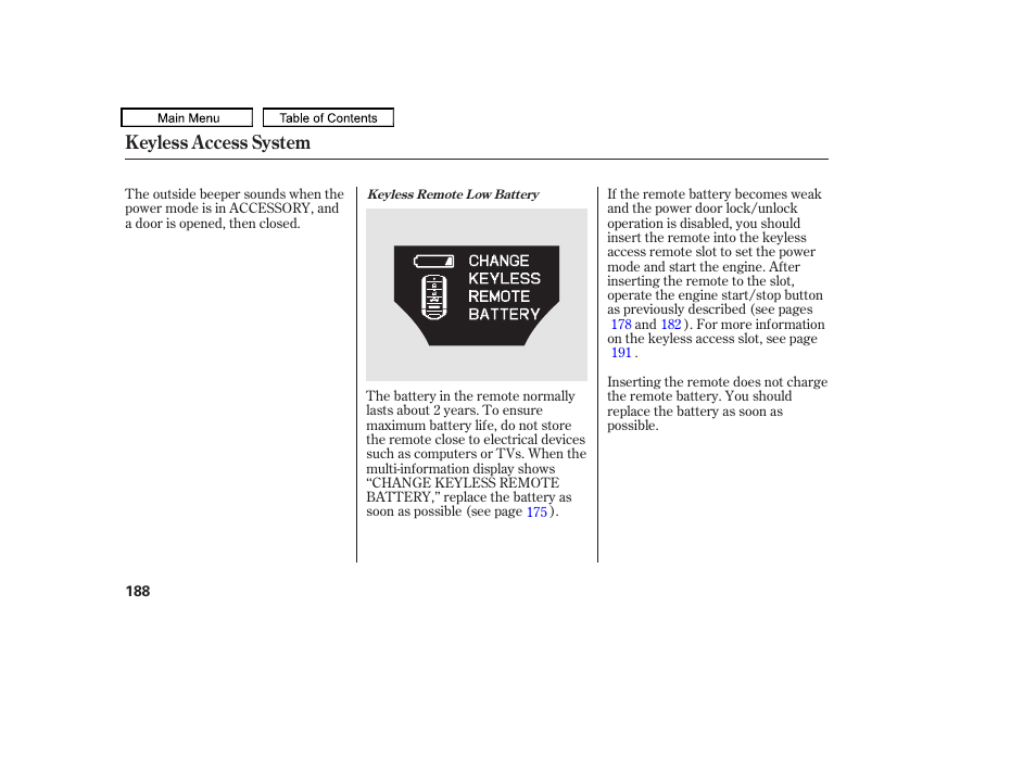 Keyless access system | Acura 2010 TL User Manual | Page 191 / 612