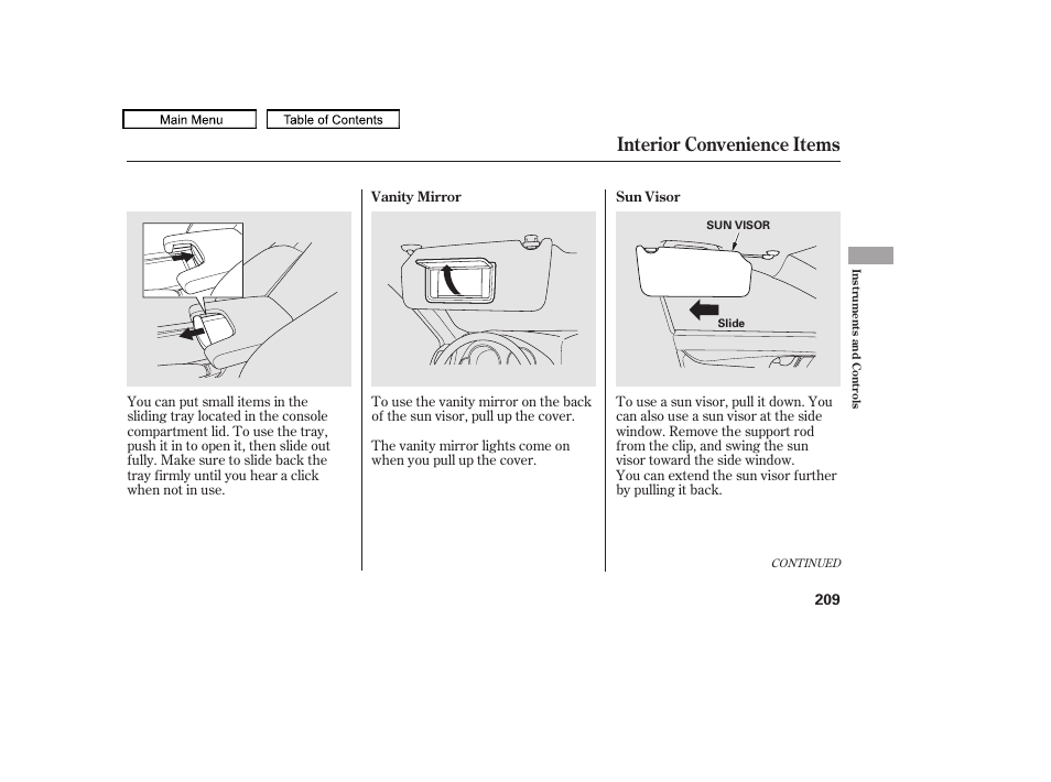 Sun visor, Vanity mirror, Interior convenience items | 2010 tl | Acura 2010 TL User Manual | Page 212 / 612