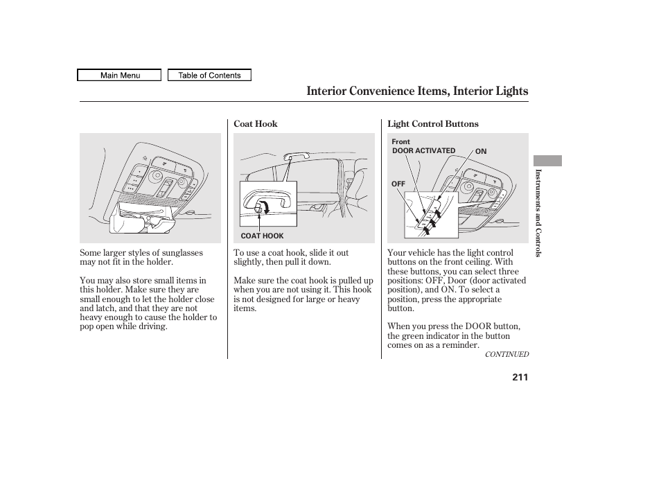 Coat hook, Interior convenience items, interior lights, 2010 tl | Acura 2010 TL User Manual | Page 214 / 612