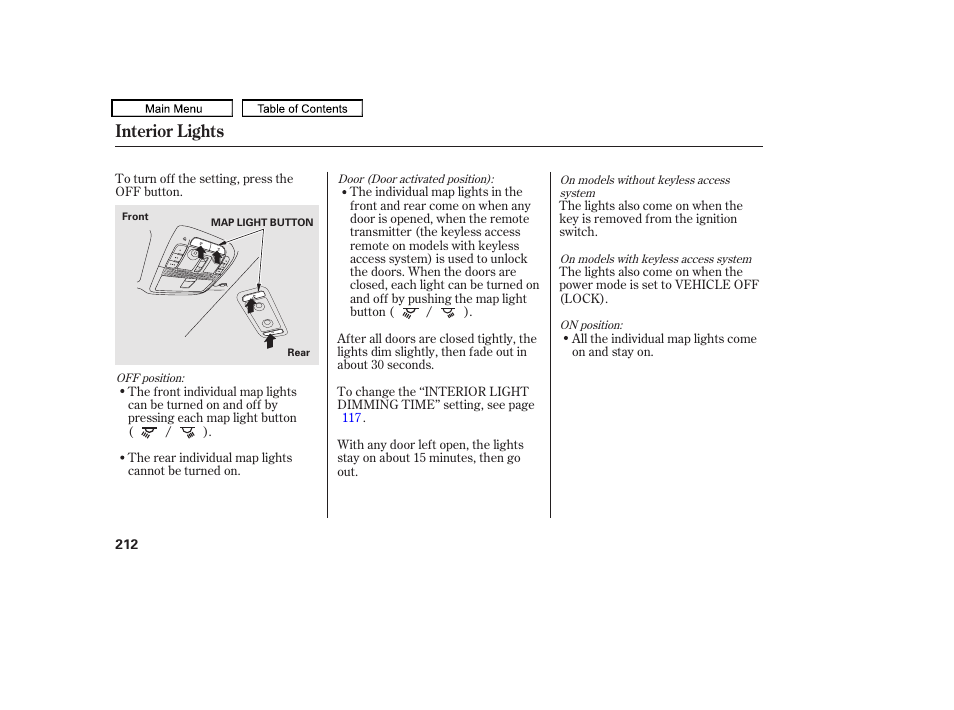 Interior lights | Acura 2010 TL User Manual | Page 215 / 612