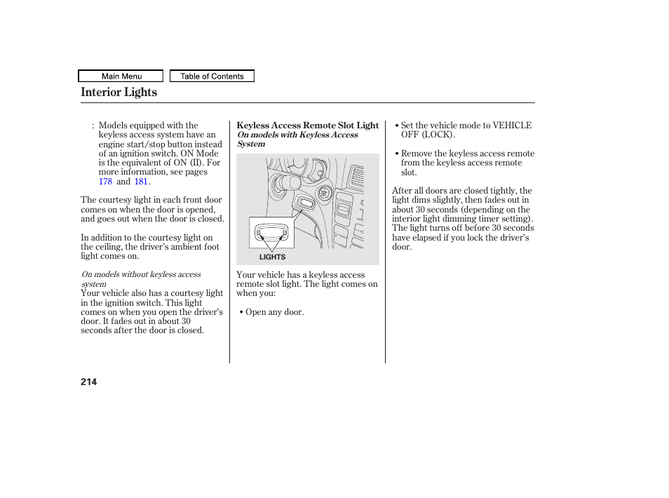 Interior lights | Acura 2010 TL User Manual | Page 217 / 612