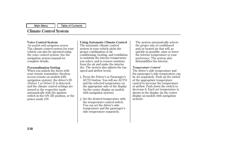 Driver’s side temperature control switch, Passenger’s side temperature control switch, Driver’s side auto button | Passenger’s side auto button, Climate control system | Acura 2010 TL User Manual | Page 221 / 612