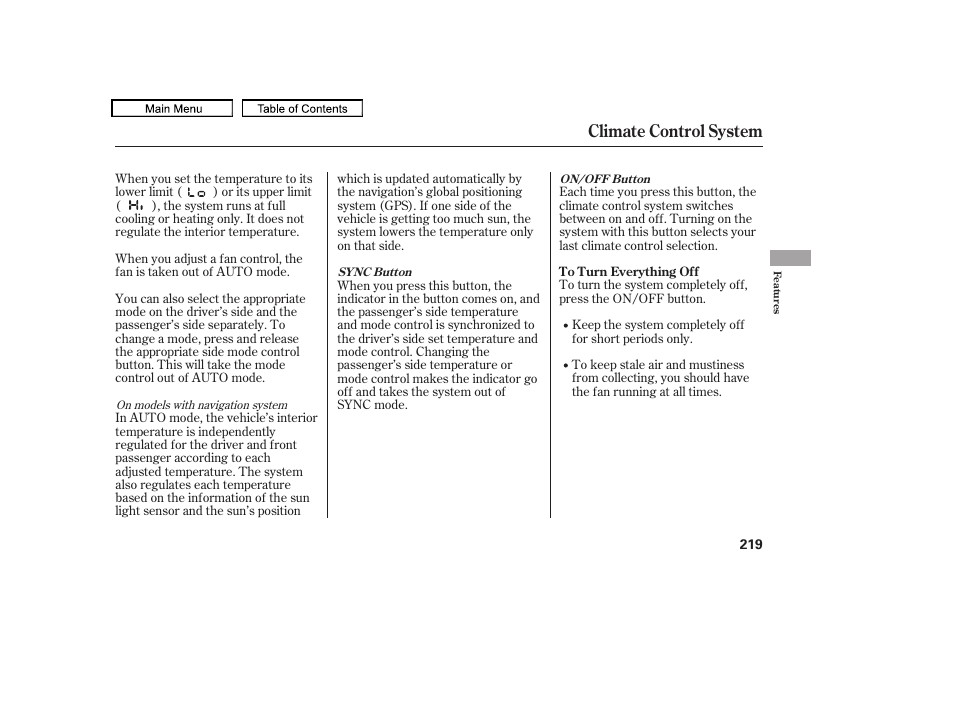 On/off button, Sync button, Climate control system | Acura 2010 TL User Manual | Page 222 / 612