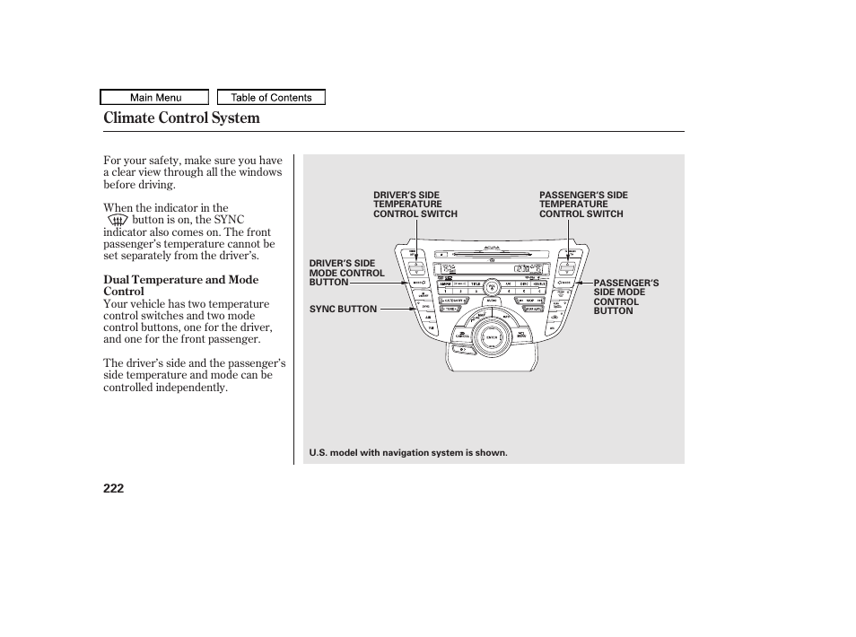 Passenger’s side mode control button, Driver’s side mode control button, Climate control system | Acura 2010 TL User Manual | Page 225 / 612
