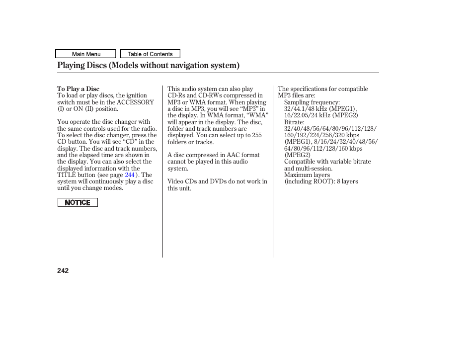 Playing discs (models without navigation system) | Acura 2010 TL User Manual | Page 245 / 612