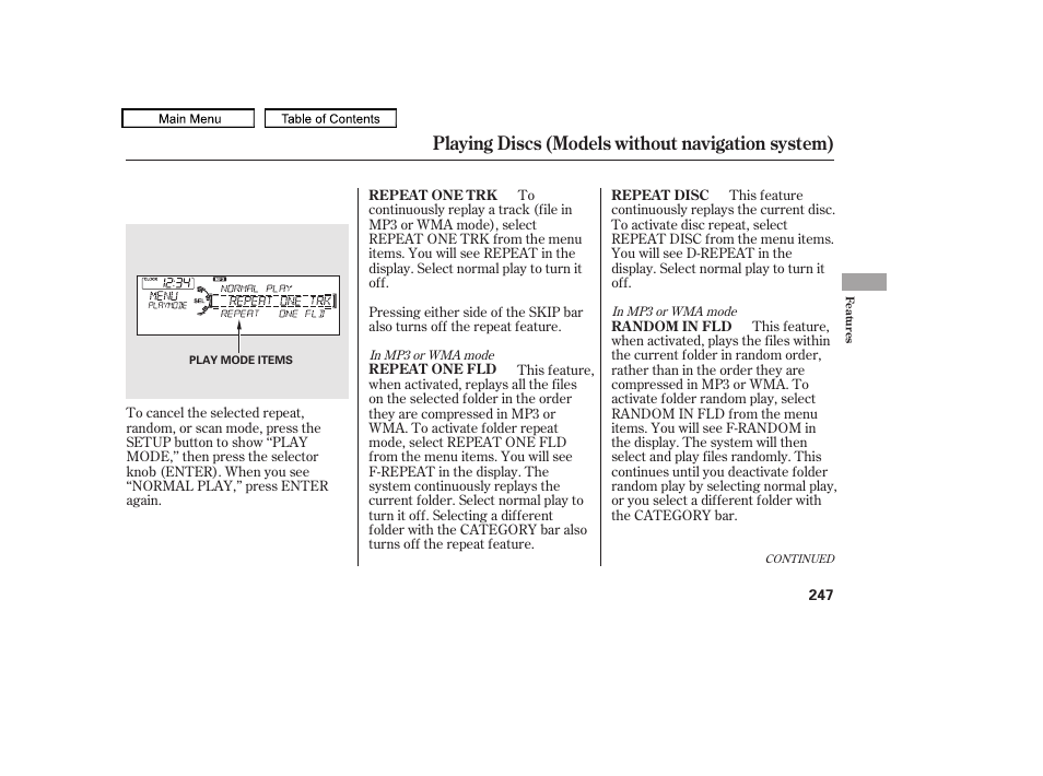 Playing discs (models without navigation system) | Acura 2010 TL User Manual | Page 250 / 612