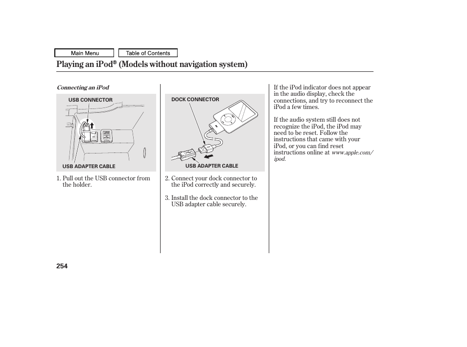 Usb adapter cable, Playing an ipod (models without navigation system) | Acura 2010 TL User Manual | Page 257 / 612