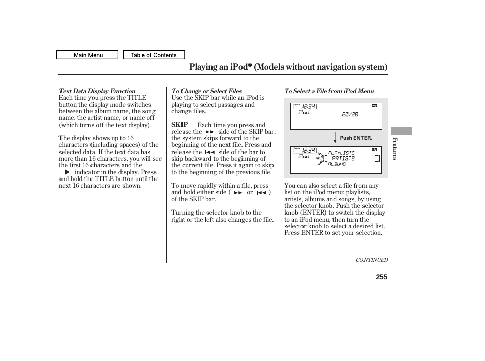 Playing an ipod (models without navigation system) | Acura 2010 TL User Manual | Page 258 / 612