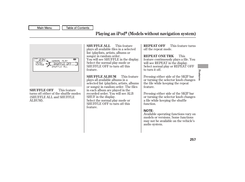 Playing an ipod (models without navigation system) | Acura 2010 TL User Manual | Page 260 / 612