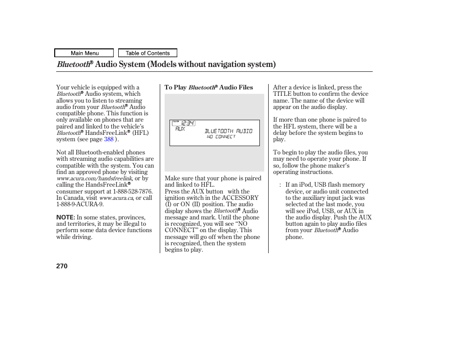 Audio system (models without navigation system), Bluetooth | Acura 2010 TL User Manual | Page 273 / 612