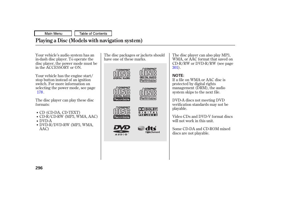 Playing a disc (models with navigation system) | Acura 2010 TL User Manual | Page 299 / 612