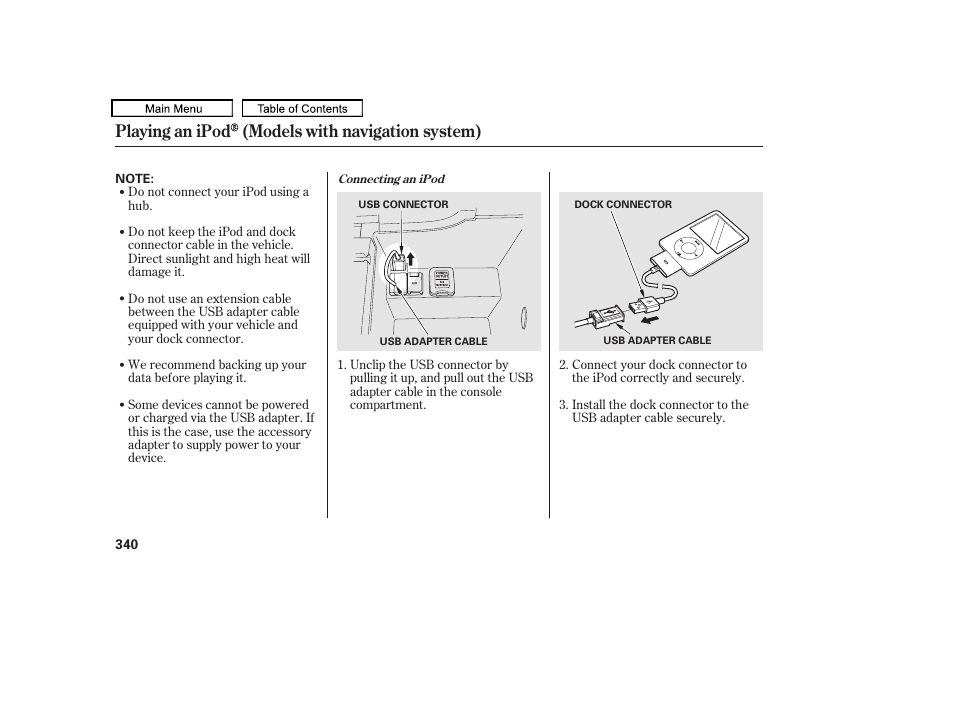 Playing an ipod (models with navigation system) | Acura 2010 TL User Manual | Page 343 / 612