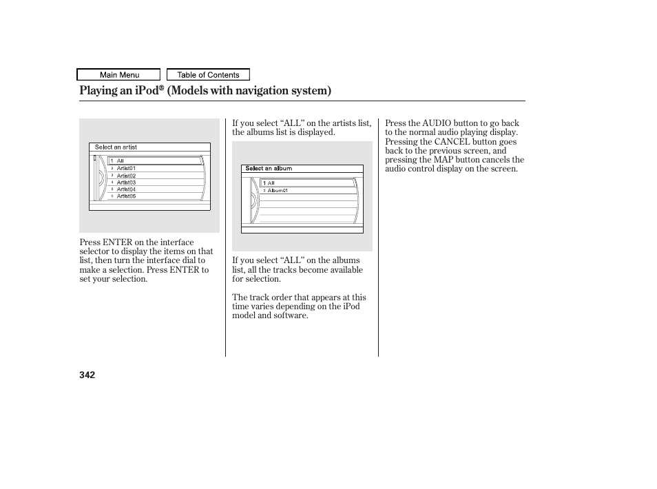 Playing an ipod (models with navigation system) | Acura 2010 TL User Manual | Page 345 / 612