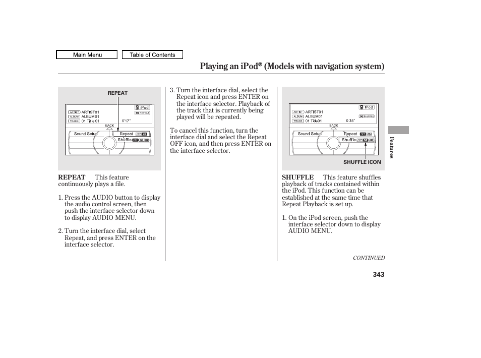 Playing an ipod (models with navigation system) | Acura 2010 TL User Manual | Page 346 / 612