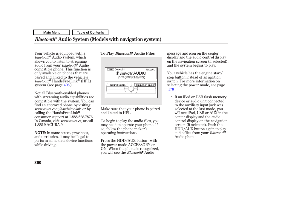 Audio system (models with navigation system), Bluetooth | Acura 2010 TL User Manual | Page 363 / 612