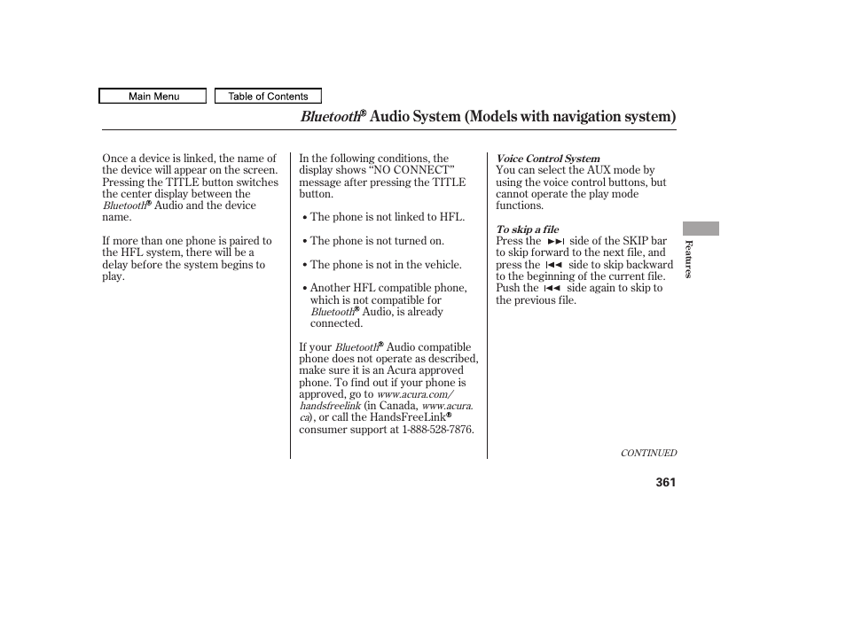 Audio system (models with navigation system), Bluetooth | Acura 2010 TL User Manual | Page 364 / 612