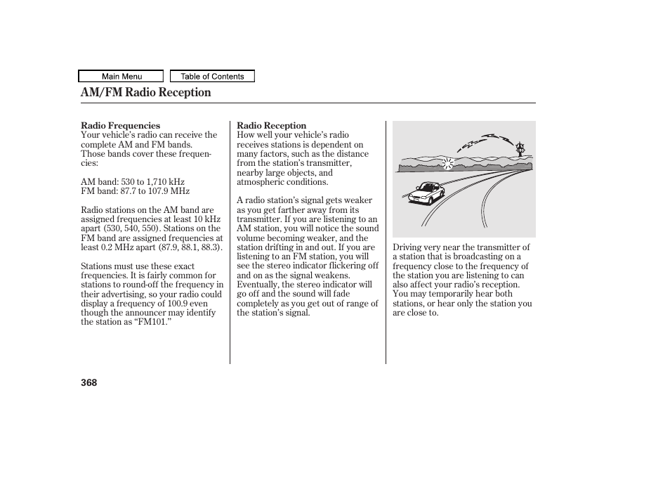 Am/fm radio reception | Acura 2010 TL User Manual | Page 371 / 612