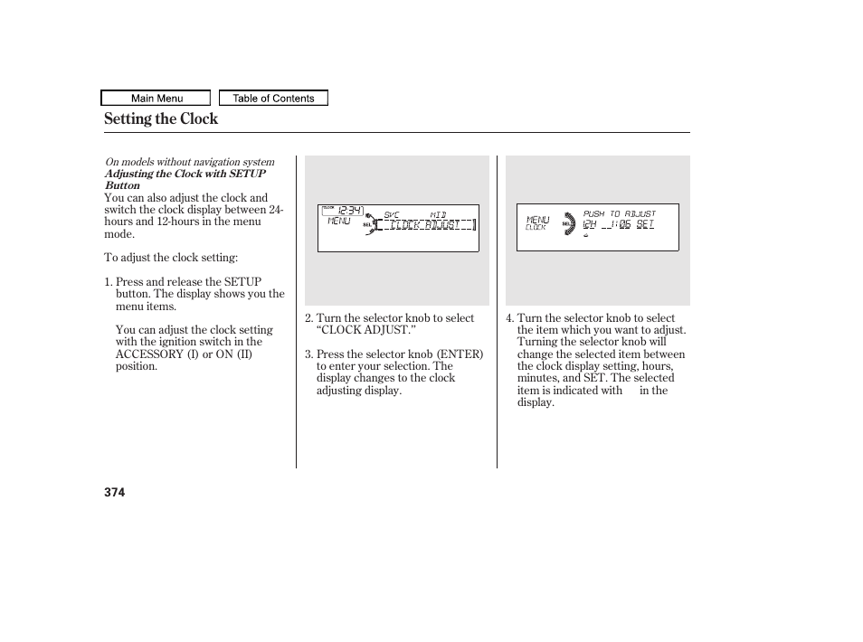 Setting the clock | Acura 2010 TL User Manual | Page 377 / 612