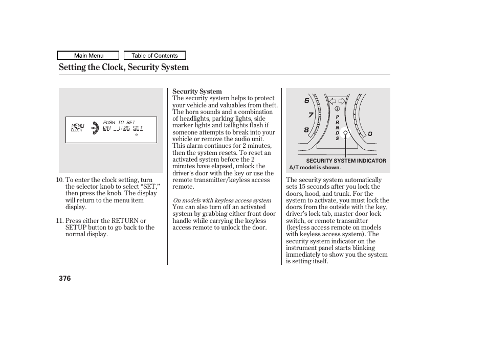 Setting the clock, security system | Acura 2010 TL User Manual | Page 379 / 612