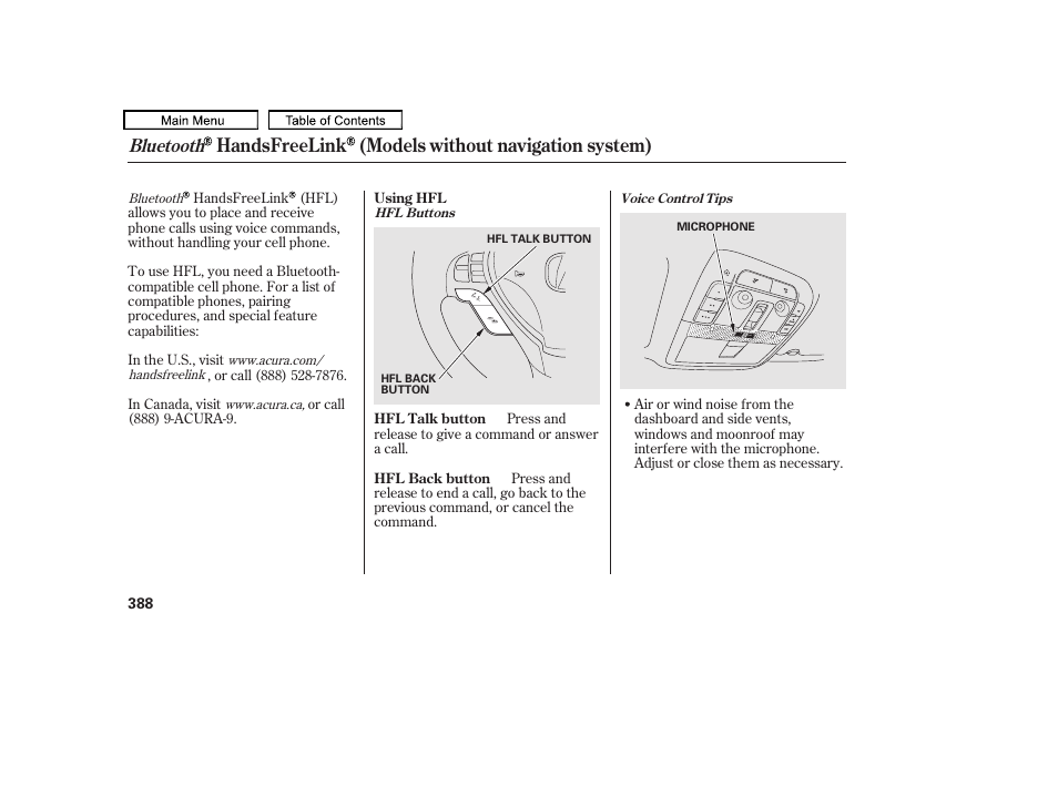 Handsfreelink (models without navigation system), Bluetooth | Acura 2010 TL User Manual | Page 391 / 612