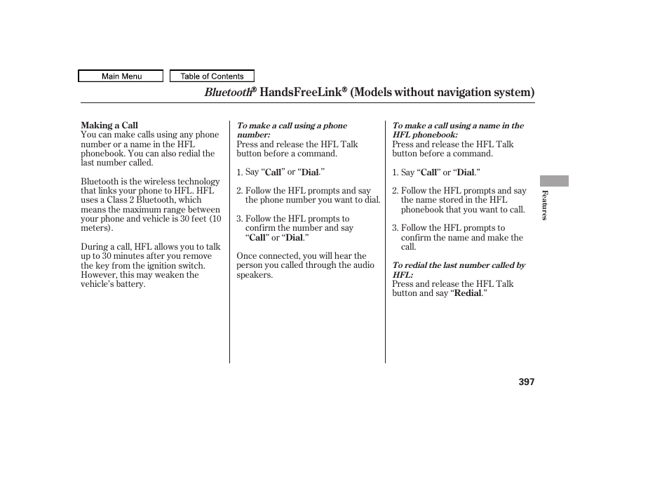 Handsfreelink (models without navigation system), Bluetooth | Acura 2010 TL User Manual | Page 400 / 612