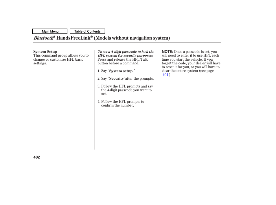 Handsfreelink (models without navigation system), Bluetooth | Acura 2010 TL User Manual | Page 405 / 612