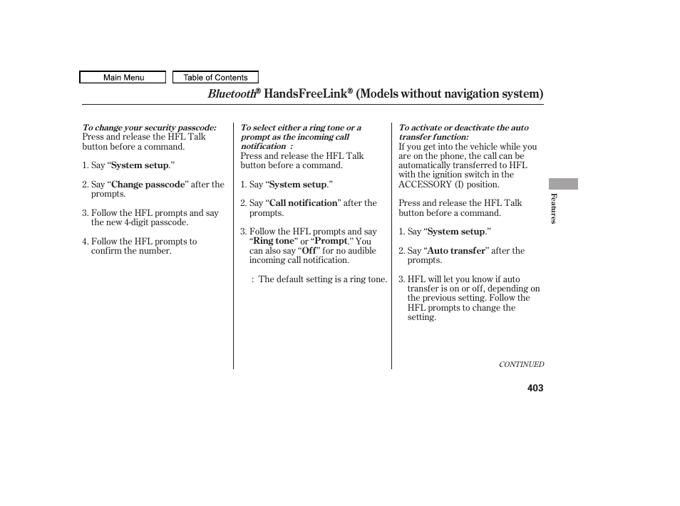 Handsfreelink (models without navigation system), Bluetooth | Acura 2010 TL User Manual | Page 406 / 612