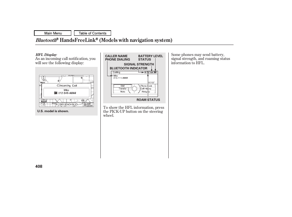 Handsfreelink (models with navigation system), Bluetooth | Acura 2010 TL User Manual | Page 411 / 612
