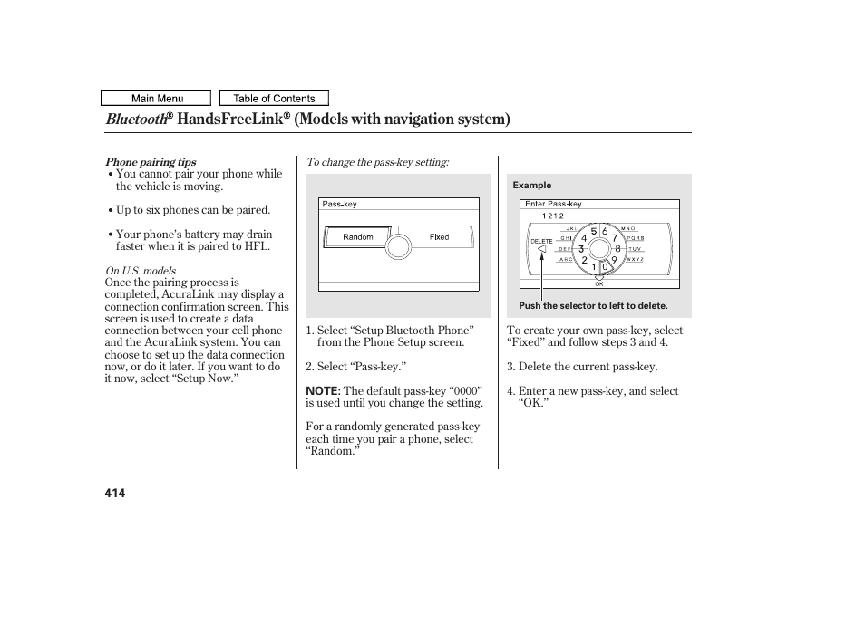 Handsfreelink (models with navigation system), Bluetooth | Acura 2010 TL User Manual | Page 417 / 612