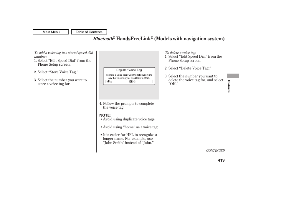 Handsfreelink (models with navigation system), Bluetooth | Acura 2010 TL User Manual | Page 422 / 612