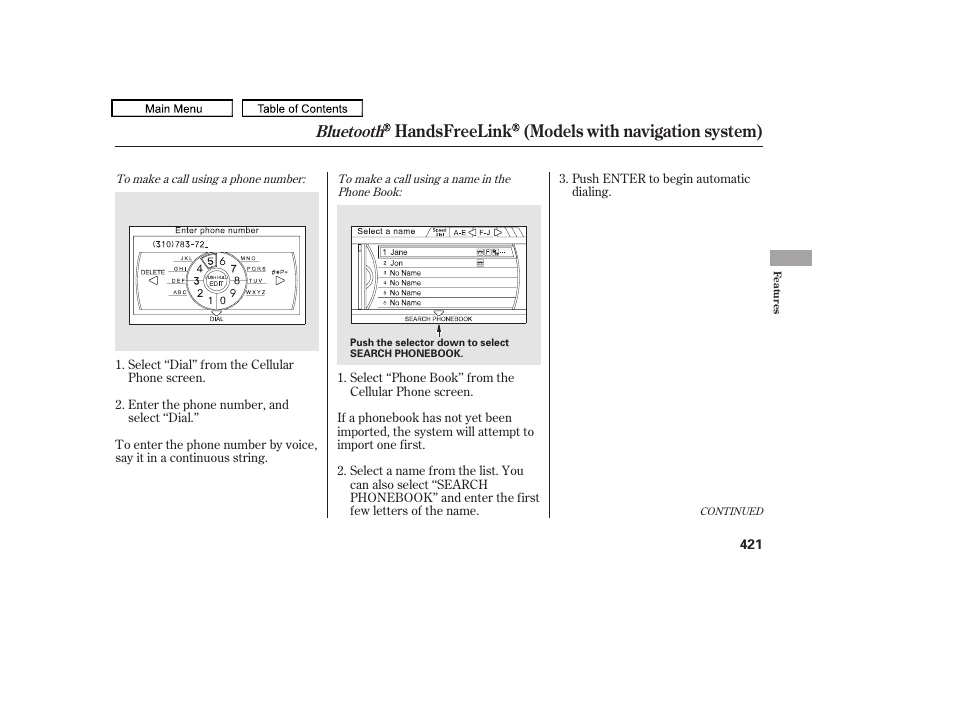 Handsfreelink (models with navigation system), Bluetooth | Acura 2010 TL User Manual | Page 424 / 612